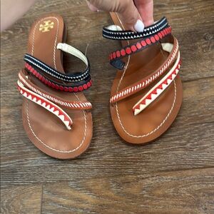 Tory Burch Brown Leather Slide Sandals with Red, Navy & White Straps